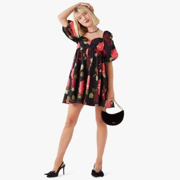 Kate Spade NWT New York Just Rosy Beau Dress Short Babydoll Black Floral Size 6 - Picture 14 of 15